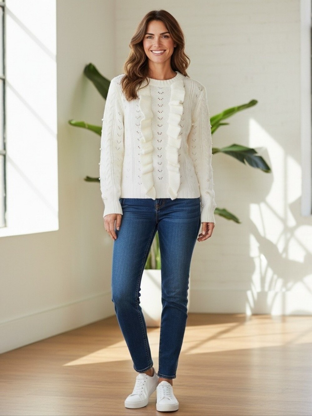 Industry Long Sleeve Beaded Sweater With Ruffles In The Front. Women's Small
